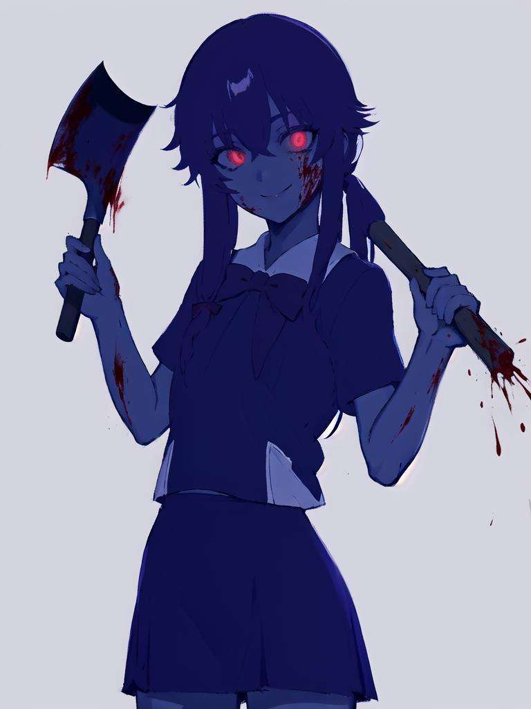 absurdres, highres, ultra detailed, megami magazine,cowboy shot, <lora:GasaiYunoV2_2-000009:1>  gasai yuno, school uniform, short sleeves, blue shirt, red bowtie, blue skirt, holding axe, looking at viewer, smile, glowing eyes, blood on face, blood on clothes, looking at viewer,  perfect hands, silhouette, flat color,  monochrome,  simple background, <lora:silhouette_v10:1><lora:blue_theme_v10:1><lora:flat2:1> <lyco:envybetterhandsLocon_beta2:1.0> <lora:fineline-v2:1>  