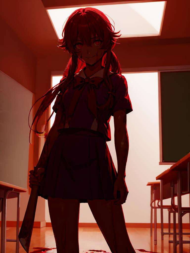 absurdres, highres, ultra detailed, megami magazine, (from below:1.2), daiagonal view, cowboy shot, classroom,<lora:GasaiYunoV2_2-000009:1>  gasai yuno, school uniform, short sleeves, blue shirt, red bowtie, blue skirt, holding axe, looking at viewer, evil smile, glowing eyes, blood on face, blood on clothes, perfect hands, silhouette,<lora:silhouette_v10:1> <lora:red_theme_v10_fix:1><lora:flat2:-0.5> <lora:flatBG:1> <lyco:envybetterhandsLocon_beta2:1.0> <lora:fineline-v2:1>  