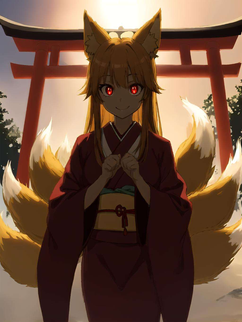 best quality, megami magazine, shrine, multiple torii, sunset, silhouette, cowboy shot,mature female, traditional youkai, kitsune, slit pupils, glowing red eyes, fox ears, long blond hair, (fox tail, multiple tails:1.2), japanese clothes, kimono, standing, looking at viewer, seductive smile, perfect hands, paw pose, backlighting, <lora:silhouetteKai22222_8:1.2><lora:fineline-v2:1> <lyco:envybetterhandsLocon_beta2:1.0>  <lora:flat2:-0.5> <lora:flatBG:1> <lora:blue_theme_v10:-1>