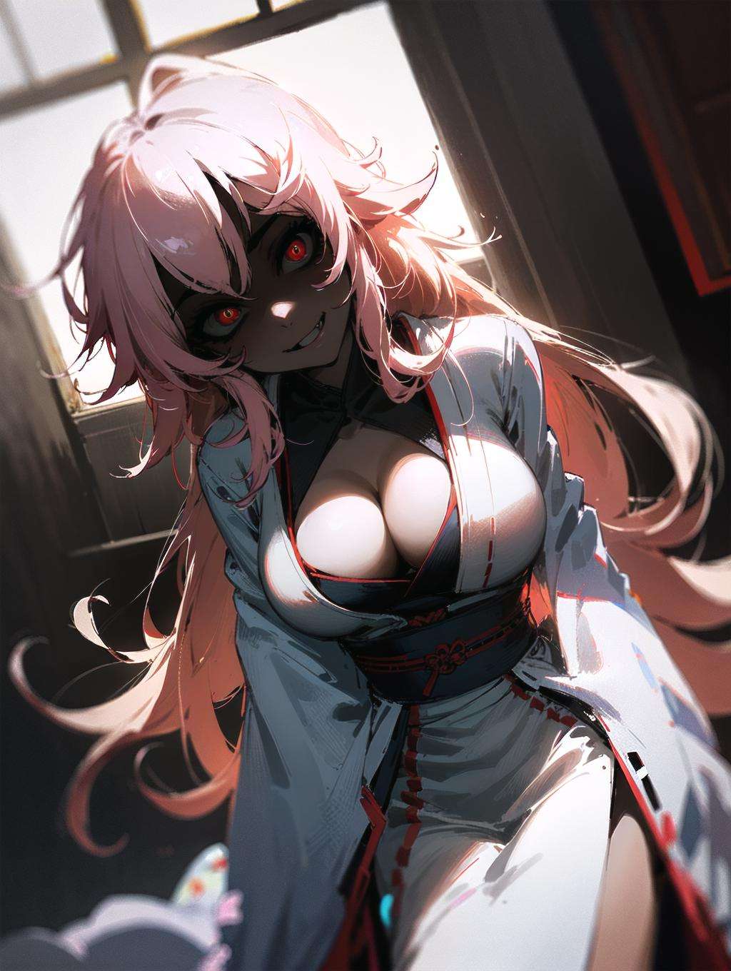 best quality, ultra detailed, cowboy shot, ultra high res, horror \(theme\), 1girl,  long hair, miko,  evil smile, bright pupils, glowing eyes, head tilt, look down, side eye, face focus, fang, large breasts, cleavage, leaning back head,from bellow,  dutch angle, dark room, indoors, japanese architecture, underground,  <lora:shadedmode22222_8:1>