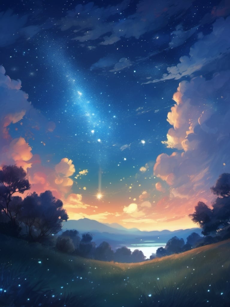 best quality, masterpiece,  illustration, star,Starry sky, clouds, night,shooting star