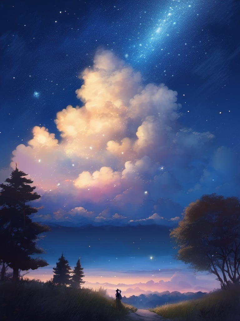 best quality, masterpiece,  illustration, star,Starry sky, clouds, night,shooting star