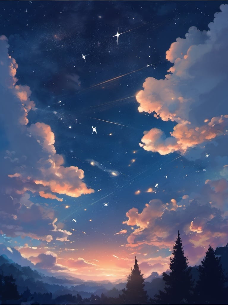 best quality, masterpiece,  illustration, star,Starry sky, clouds, night,shooting star