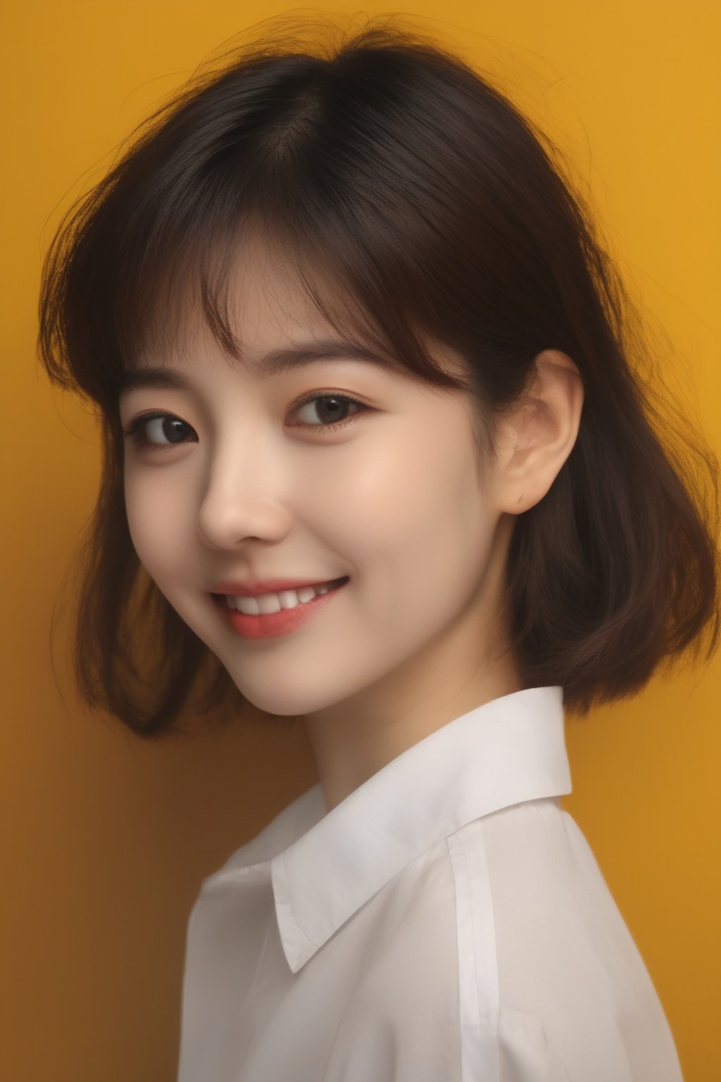 1girl,portrait,(yellow background:1.2),digital stereo background,short hair,smile,(lateral face:1.3),(white shirt:1.2),yellow,masterpiece,chiaroscuro,look at the audience,smile,<lora:hangirl:0.7>,