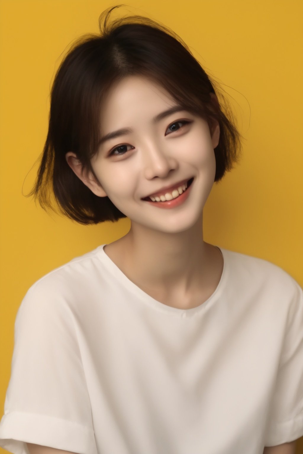 1girl,portrait,(yellow background:1.2),digital stereo background,short hair,smile,(lateral face:1.3),(white shirt:1.2),yellow,masterpiece,chiaroscuro,look at the audience,smile,han,<lora:hangirl:0.8>,