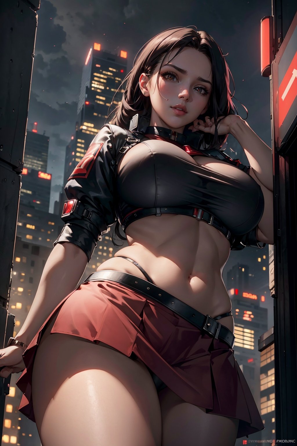 Masterpiece, best quality,  1girl,  red eyes, microskirt,  top crop, large breasts, cityscape, looking at viewer, extremely detailed, sharp focus, volumetric lighting, HDR, 8K, from below 