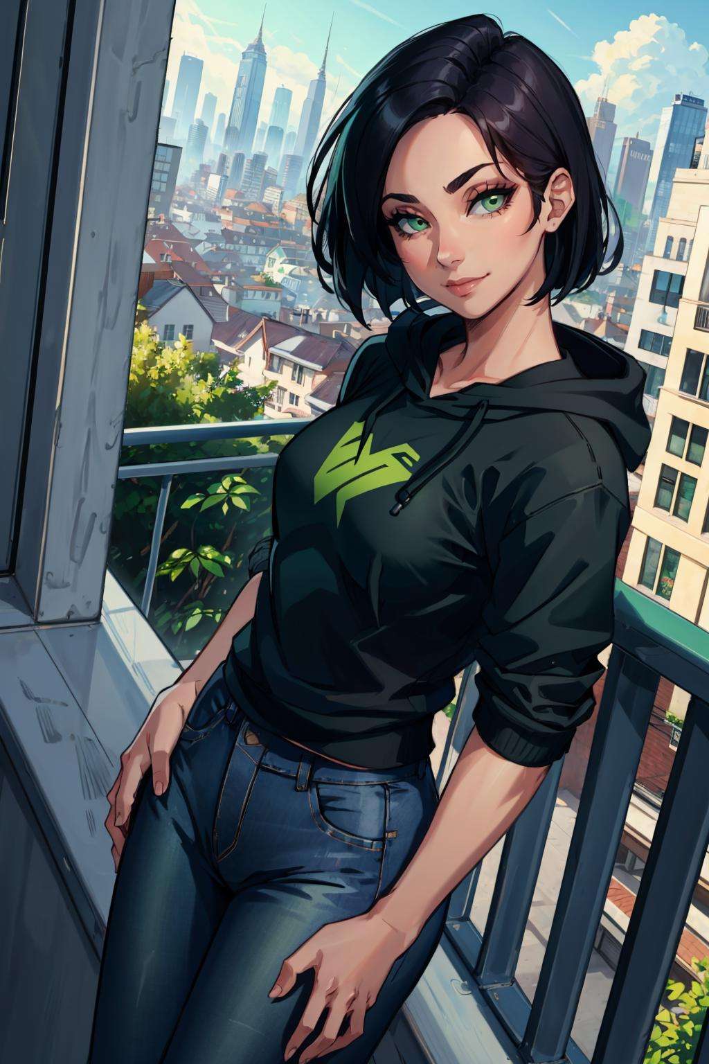 masterpiece, best quality, valorantViper, green eyes, black hoodie, jeans, city, balcony, looking at viewer, slight smile <lora:viper-nvwls-v2-000010:0.9>