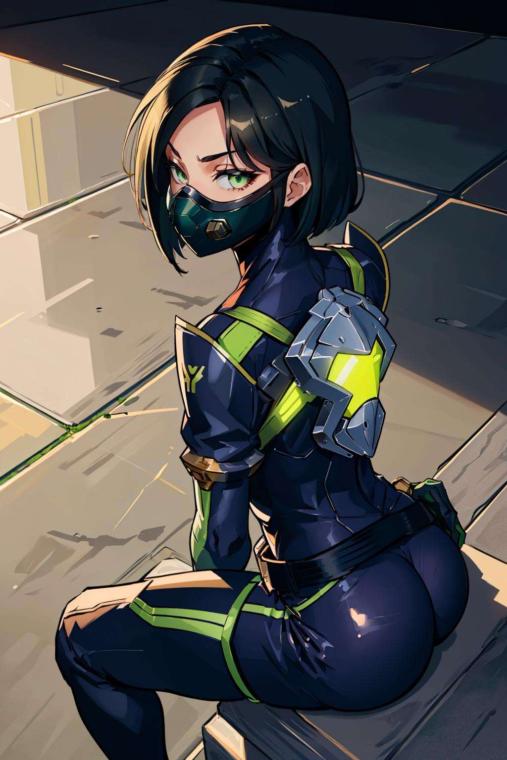 masterpiece, best quality, valorantViper, green eyes, bodysuit, gloves, belt, thigh boots, respirator, sitting, looking at viewer, serious, from behind, concrete floor, night <lora:viper-nvwls-v2-000010:0.9>