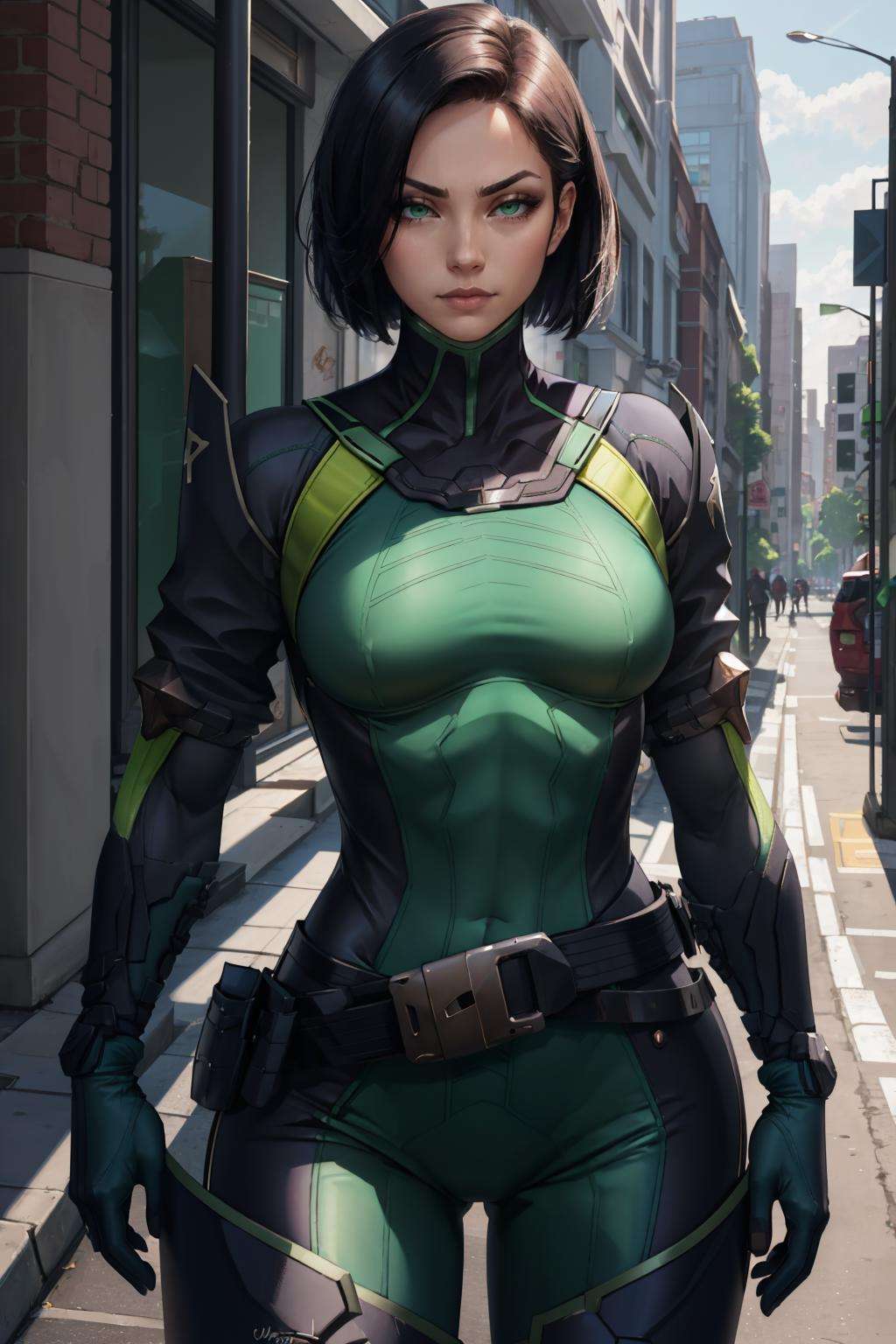 masterpiece, best quality, valorantViper, green eyes, bodysuit, gloves, belt, thigh boots, standing, city street, grey skies, looking at viewer, smirk, furrowed brow, contrapposto <lora:viper-nvwls-v2-000010:0.9>