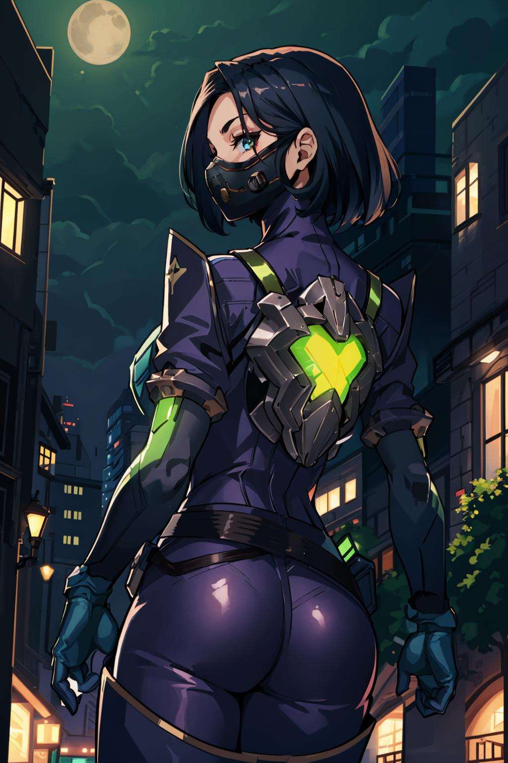 masterpiece, best quality, valorantViper, bodysuit, gloves, belt, thigh boots, respirator, from behind, looking at viewer, night, city street, balled fists <lora:viper-nvwls-v2-000010:0.9>