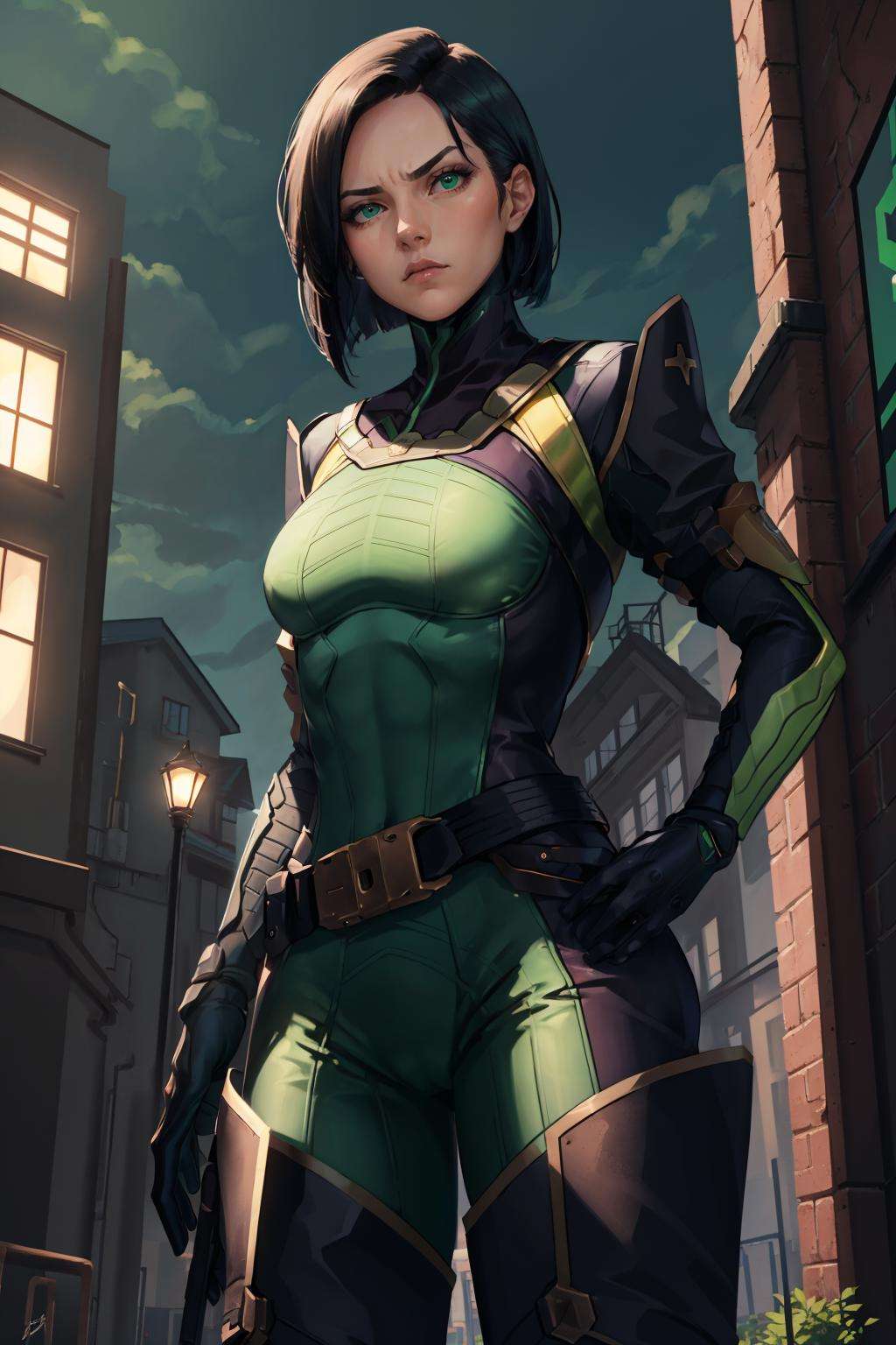 masterpiece, best quality, valorantViper, green eyes, bodysuit, gloves, belt, thigh boots, standing, hands to hips, cowboy shot, from below, glare, furrowed brow, city, docks <lora:viper-nvwls-v2-000010:0.9>