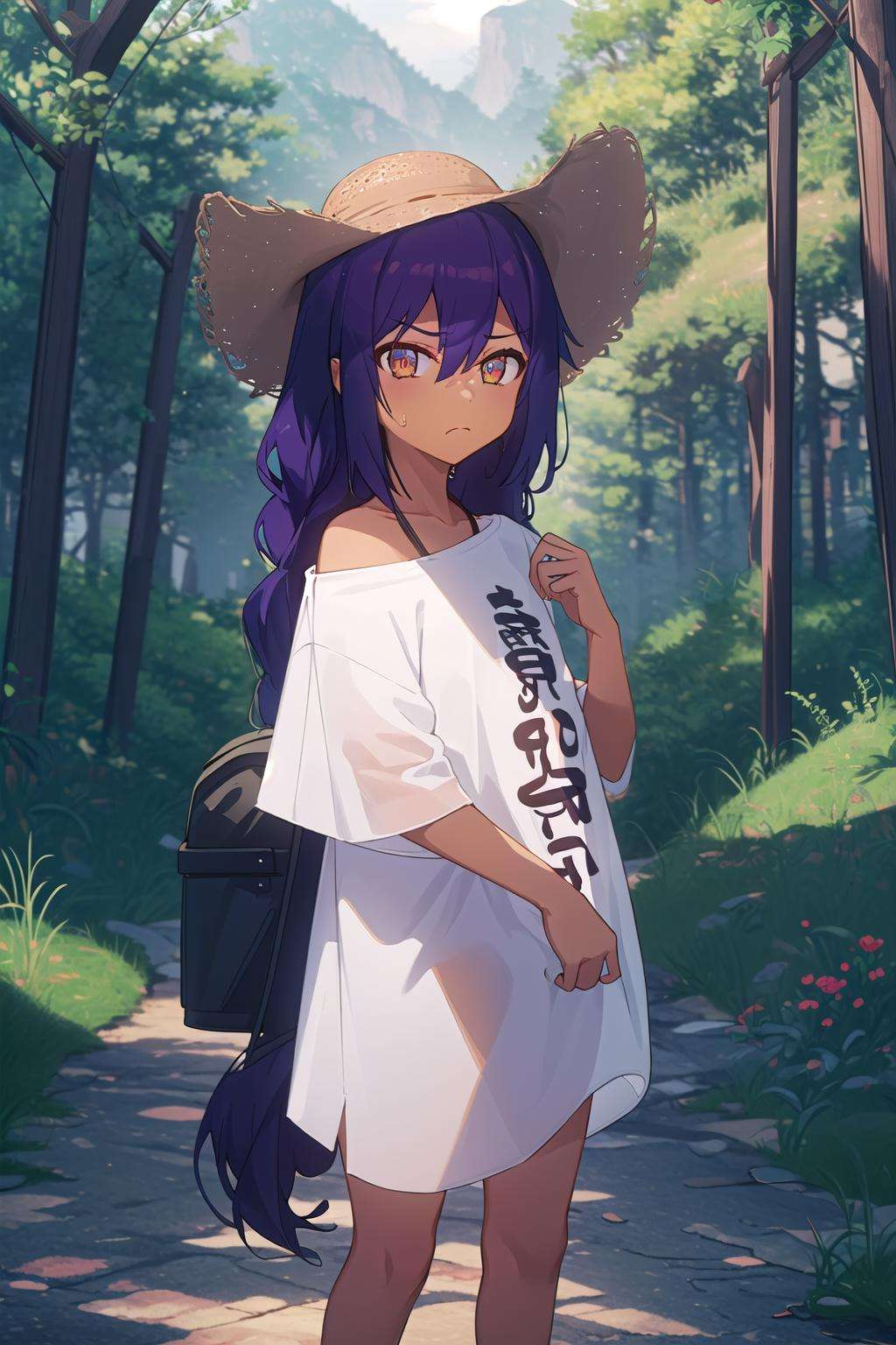 masterpiece, best quality, (colorful), (delicate eyes and face), volumetric light, ray tracing, extremely detailed CG unity 8k wallpaper, <lora:Jahysmol_15_15:1> jahysama, 1girl, very long hair, shirt, clothes writing, short sleeves, naked shirt, green sandals, sun hat, (looking at viewer:1.1), (cowboy shot:1.1), frown, forest, mountain, nature, backpack