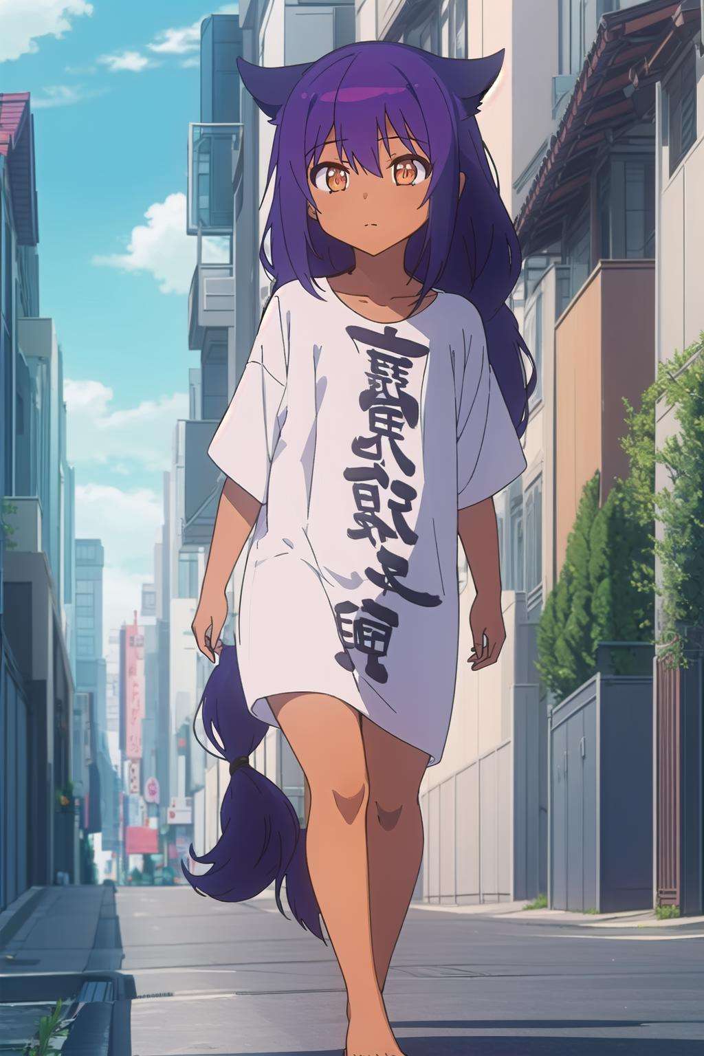 <lora:Jahysmol_15_15:0.9> jahysama, 1girl, very long hair, hair flaps, animal ears, shirt, clothes writing, short sleeves, naked shirt, looking at viewer, walking, city, nature