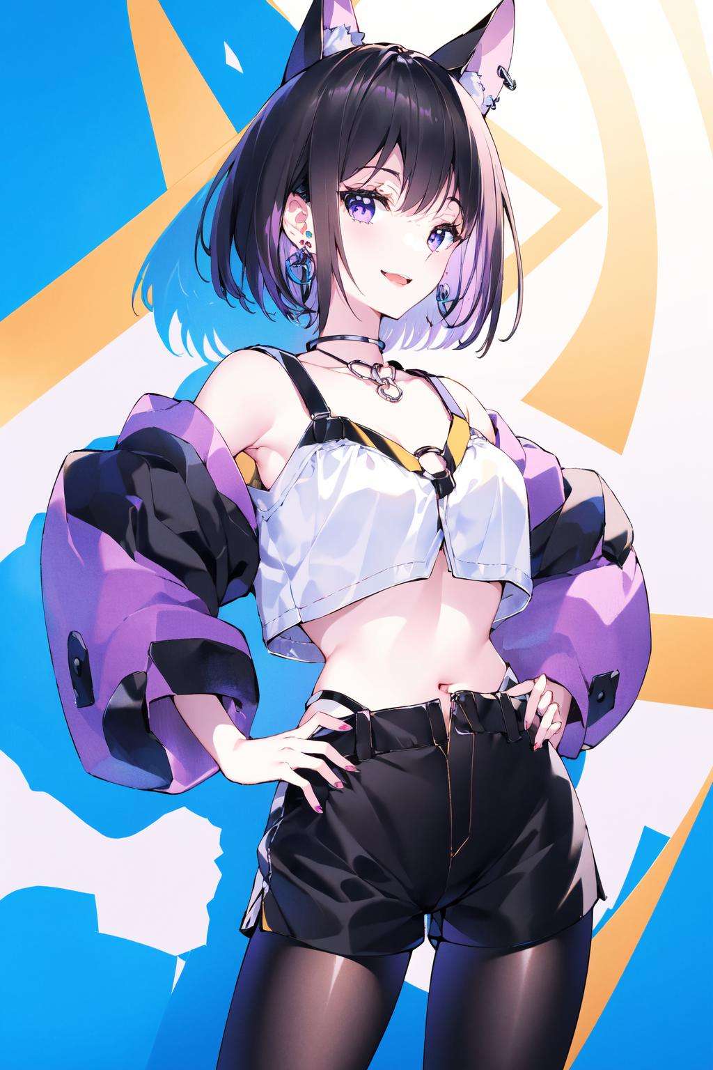 masterpiece, best quality,PIXIV,1girl, solo, black hair, pantyhose, o-ring, purple eyes, breasts, shorts, looking at viewer, bare shoulders, hand on hip, smile, jewelry, short hair, earrings, animal ears, black shorts, collarbone, medium breasts, multicolored hair, midriff, virtual youtuber, fake animal ears, crop top, bangs, cowboy shot, closed mouth, long sleeves, puffy sleeves <lora:nardack_20230801103151:1>