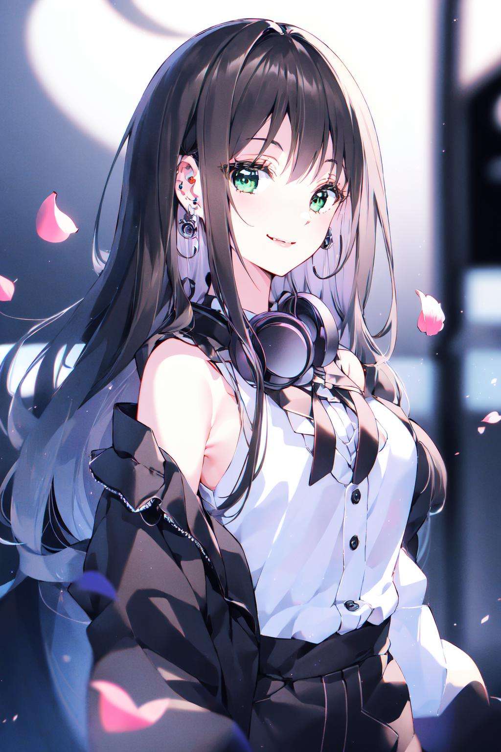 masterpiece, best quality,PIXIV,1girl, solo, long hair, shibuya rin, green eyes, headphones around neck, brown hair, smile, headphones, looking at viewer, earrings, blurry, jewelry, petals <lora:nardack_20230801103151:1>