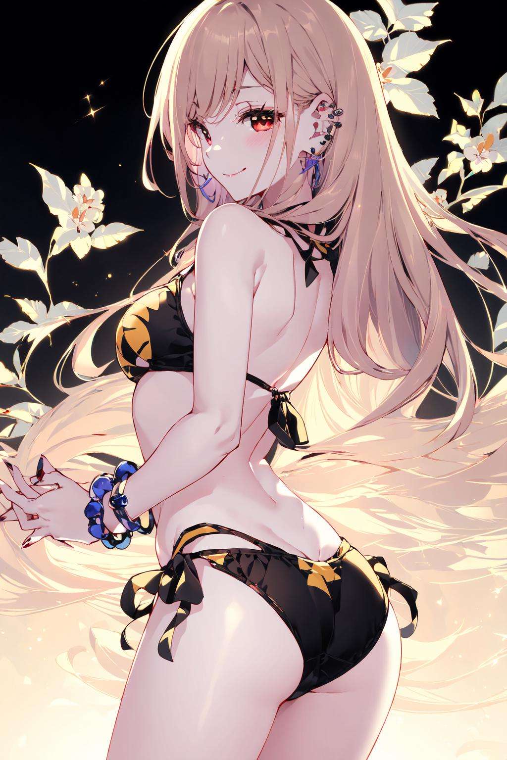 masterpiece, best quality,PIXIV,1girl, swimsuit, solo, bikini, black bikini, long hair, jewelry, kitagawa marin, side-tie bikini bottom, ass, bracelet, breasts, blonde hair, multi-strapped bikini, blush, white background, piercing, simple background, string bikini, looking at viewer, ear piercing, earrings, red eyes, halterneck, cowboy shot, medium breasts, bangs, closed mouth, bead bracelet, industrial piercing, floral print, beads, smile, bare shoulders, barbell piercing, multicolored hair, holding hair, nail polish, print bikini, gradient hair, back <lora:nardack_20230801103151:1>