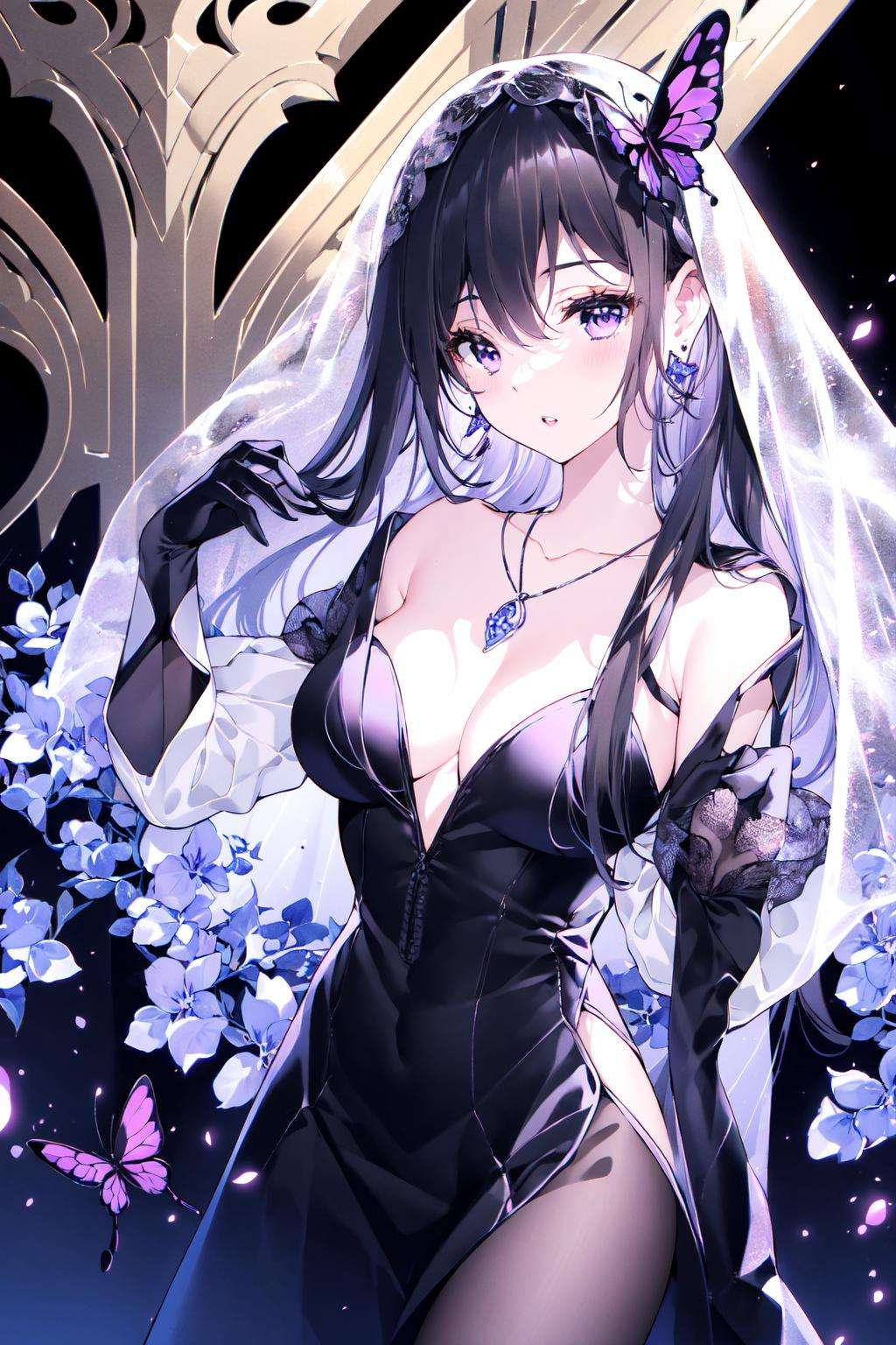 masterpiece, best quality,PIXIV,1girl, solo, gloves, purple eyes, breasts, black gloves, veil, black hair, long hair, black background, parted lips, looking at viewer, flower, black dress, cleavage, dress, long sleeves, upper body, hair between eyes, wide sleeves, half gloves, hand up, purple flower, jewelry, bangs, butterfly hair ornament, medium breasts, butterfly, hair ornament, see-through, bug, necklace, earrings, blush, simple background <lora:nardack_20230801103151:1>