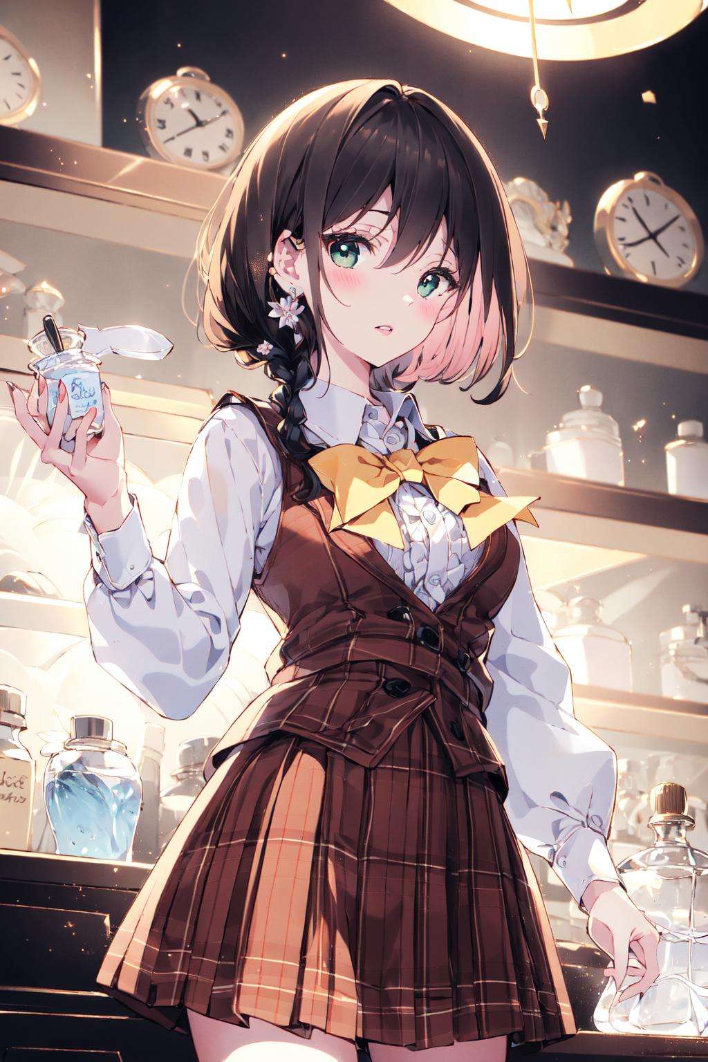 masterpiece, best quality,PIXIV,1girl, solo, shirt, green eyes, long sleeves, indoors, white shirt, skirt, holding, bow, vest, brown hair, short hair, perfume bottle, bowtie, looking at viewer, red skirt, bangs, parted lips, puffy sleeves, bottle, knife, jar, yellow bow, clock, collared shirt, wavy hair, brown bow, frills, blush, red vest, juliet sleeves, standing, hair between eyes, gem, braid, jewelry <lora:nardack_20230801103151:1>