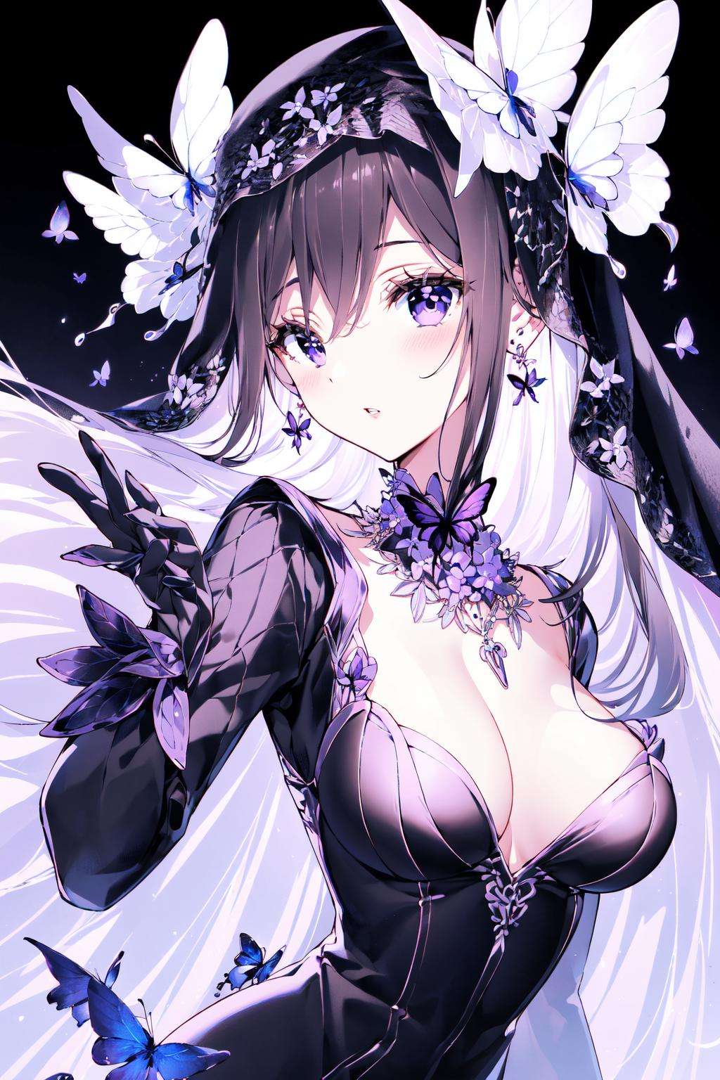 masterpiece, best quality,PIXIV,1girl, solo, gloves, purple eyes, breasts, black gloves, veil, black hair, long hair, black background, parted lips, looking at viewer, flower, black dress, cleavage, dress, long sleeves, upper body, hair between eyes, wide sleeves, half gloves, hand up, purple flower, jewelry, bangs, butterfly hair ornament, medium breasts, butterfly, hair ornament, see-through, bug, necklace, earrings, blush, simple background <lora:nardack_20230801103151:1>