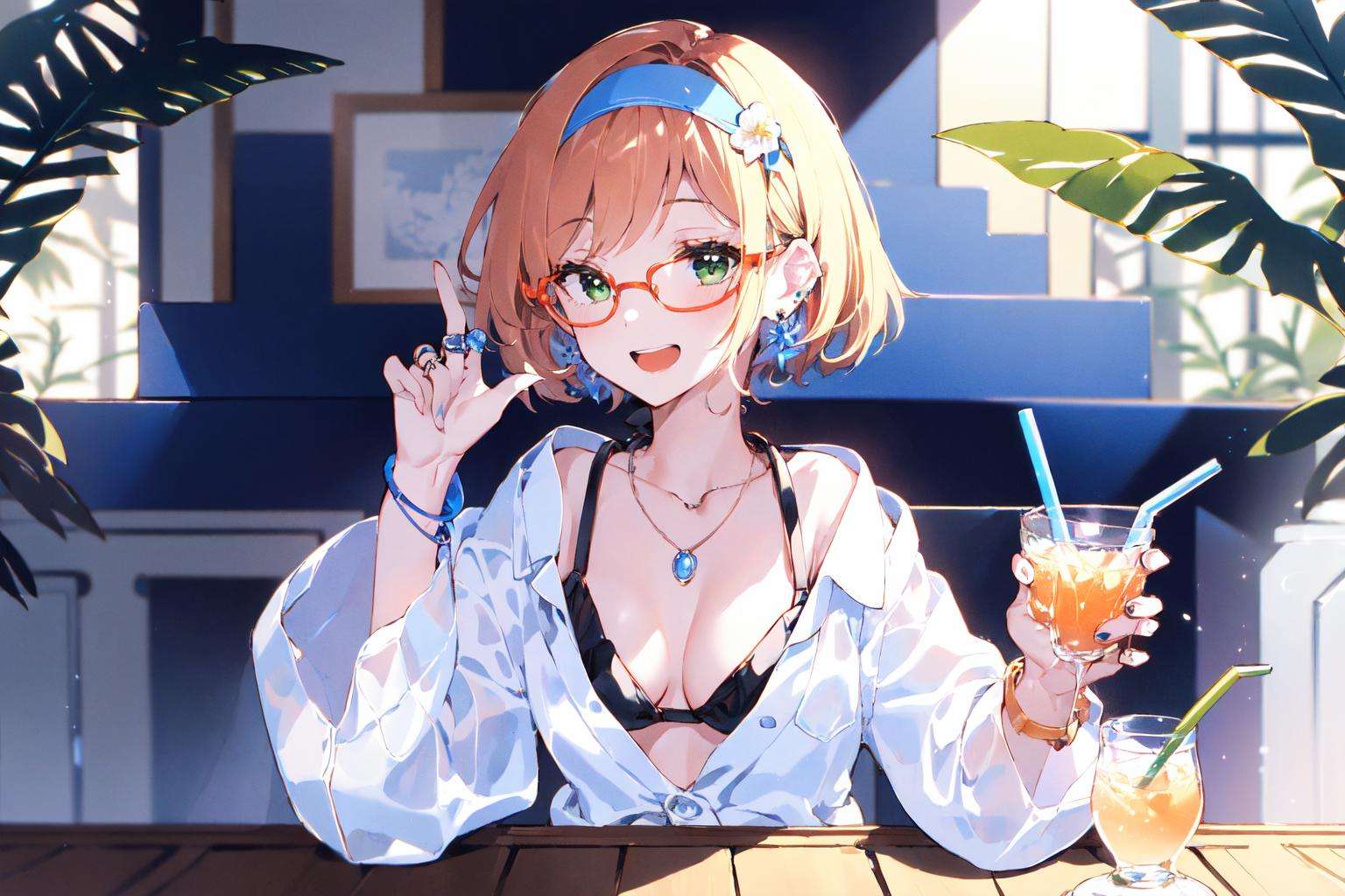 masterpiece, best quality,PIXIV,1girl, jewelry, ring, solo, green eyes, breasts, necklace, short hair, shirt, flower, glasses, looking at viewer, hibiscus, cleavage, open mouth, smile, bracelet, white shirt, swimsuit, earrings, cup, orange hair, drinking straw, hairband, upper body, medium breasts, blue bikini, bikini, bangs, indoors, collarbone, table, plant, blue hairband, drink, red flower, :d, sitting, yellow-framed eyewear, drinking glass, palm tree, blush <lora:nardack_20230801103151-000018:1>