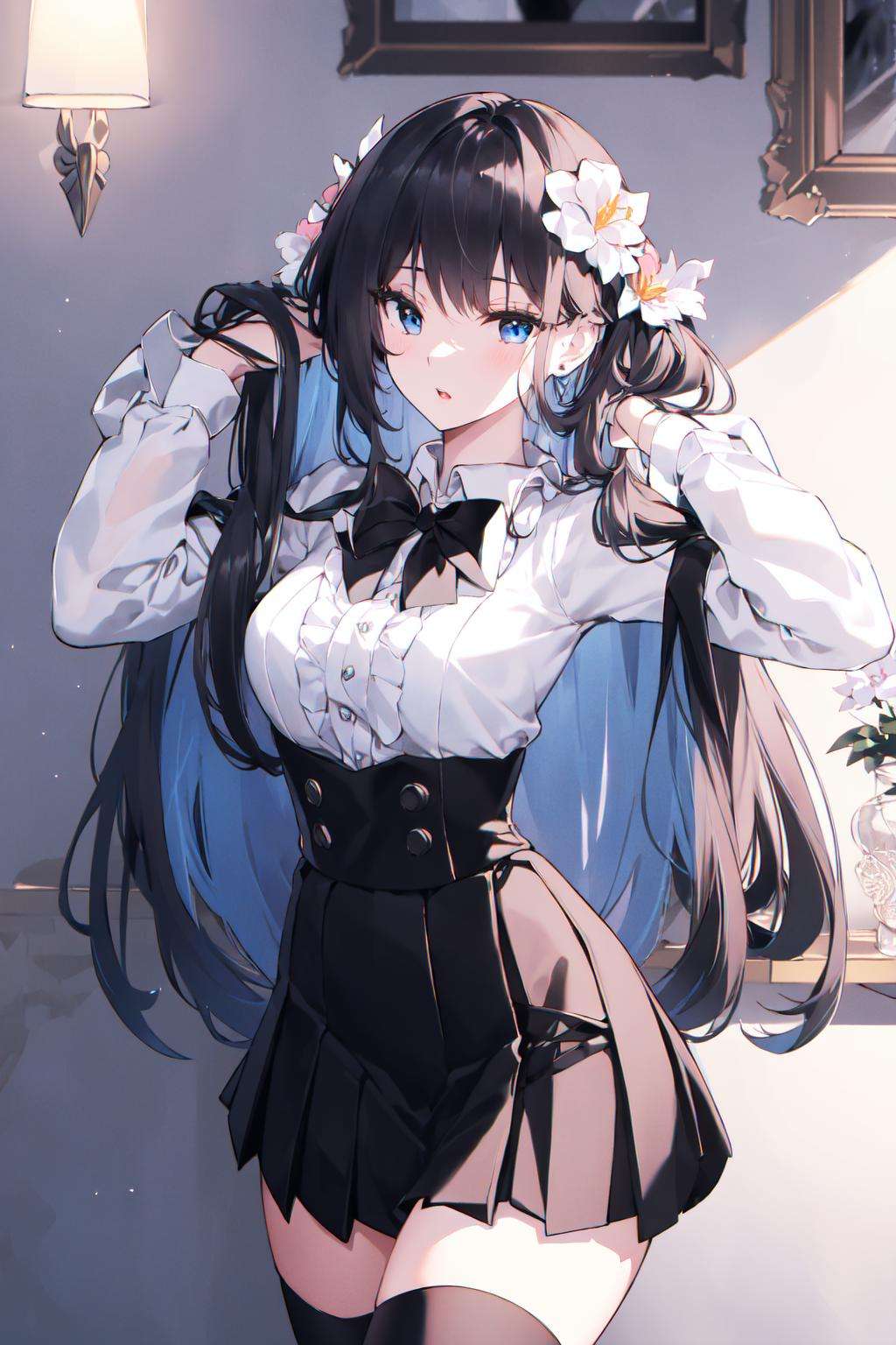 masterpiece, best quality,PIXIV,1girl, solo, skirt, thighhighs, long hair, black thighhighs, shirt, hair ornament, bangs, black skirt, picture frame, white shirt, looking at viewer, frills, hair flower, flower, braid, black flower, blue eyes, bow, long sleeves, center frills, frilled shirt, black bow, high-waist skirt, ribbon, zettai ryouiki, black rose, pleated skirt, parted lips, bowtie, hair ribbon, very long hair, cowboy shot, rose, standing, indoors, hands up, breasts, dutch angle, white hair, black bowtie, black ribbon, bridal gauntlets, blunt bangs, hand in own hair <lora:nardack_20230801103151:1>