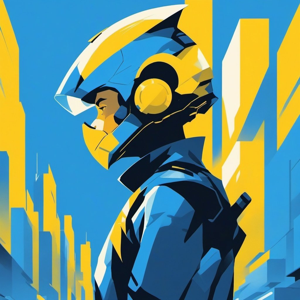 minimalism,simple yellow and blue background,Future City, science fiction, 1boy, helmet, science fiction, magic, 