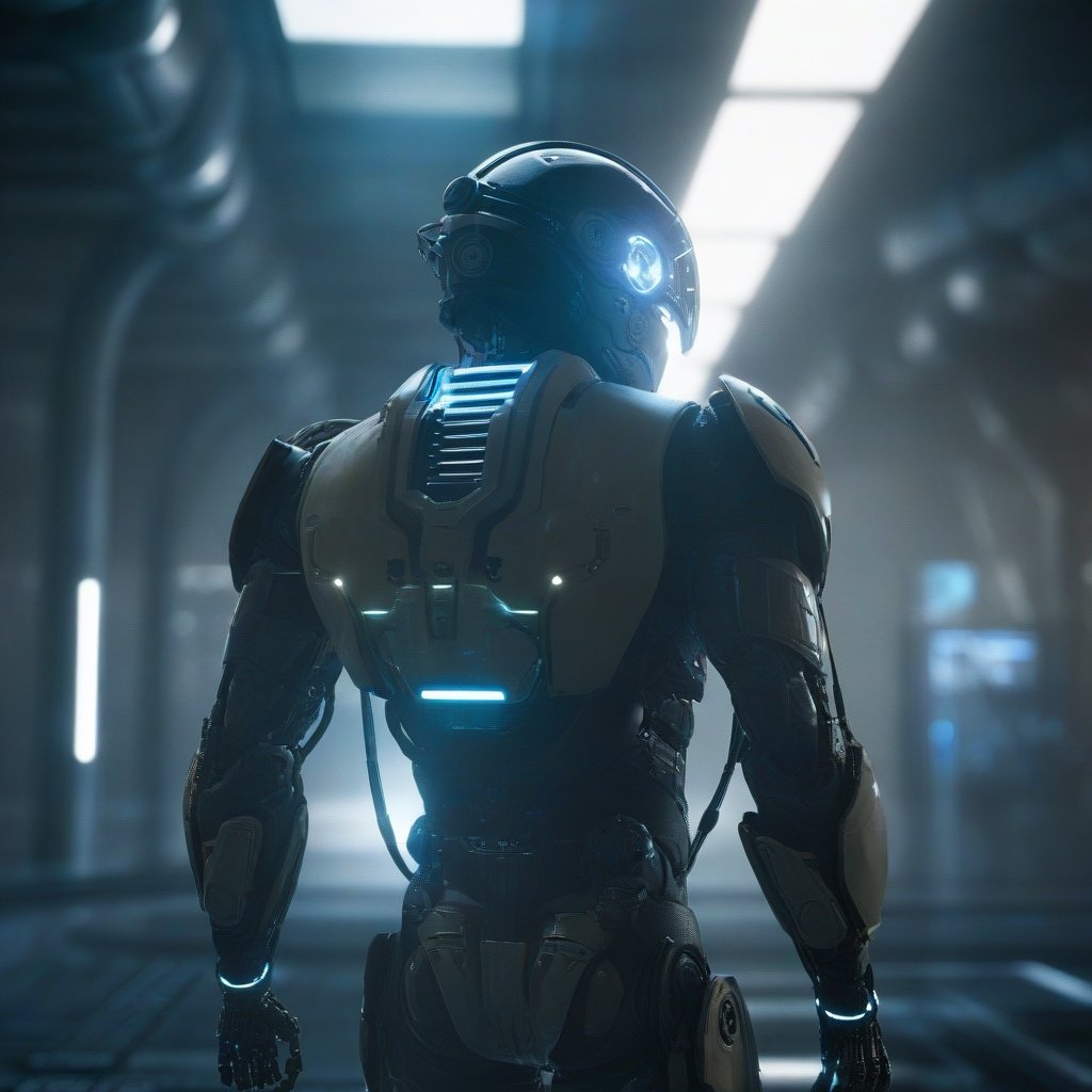 Future City, cable, solo, science fiction, 1boy, floating, wire, male focus, lens flare, robot, indoors, helmet, from behind