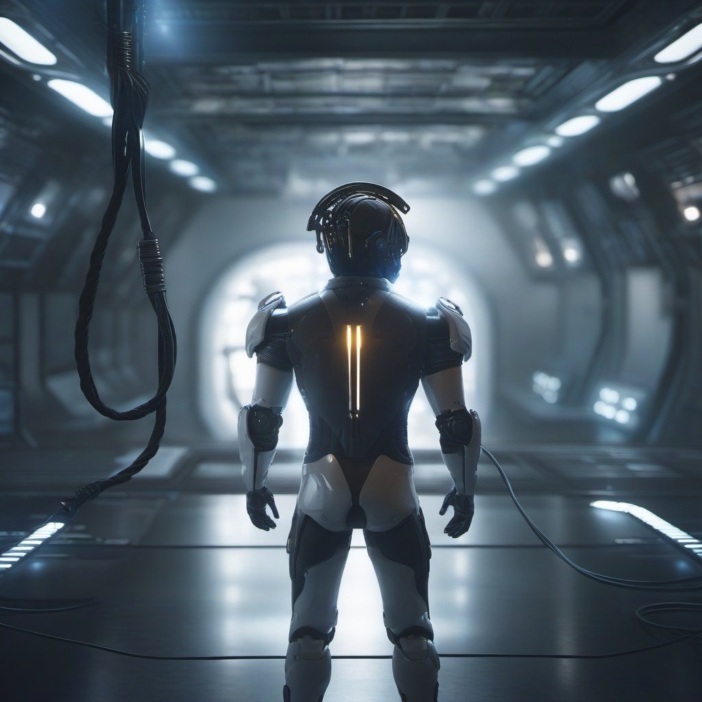 Future City, cable, solo, science fiction, 1boy, floating, wire, male focus, lens flare, robot, indoors, helmet, from behind