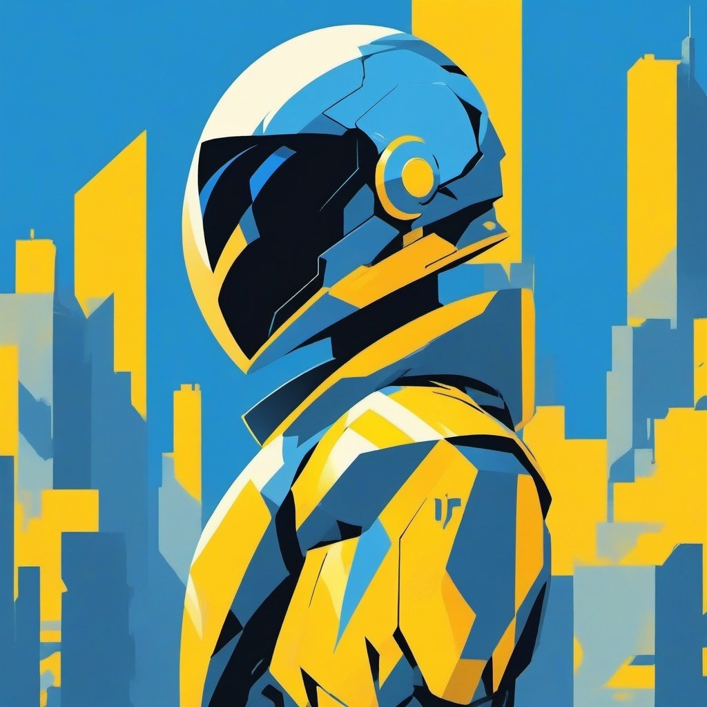 minimalism,simple yellow and blue background,Future City, science fiction, 1boy, helmet, science fiction, magic, 