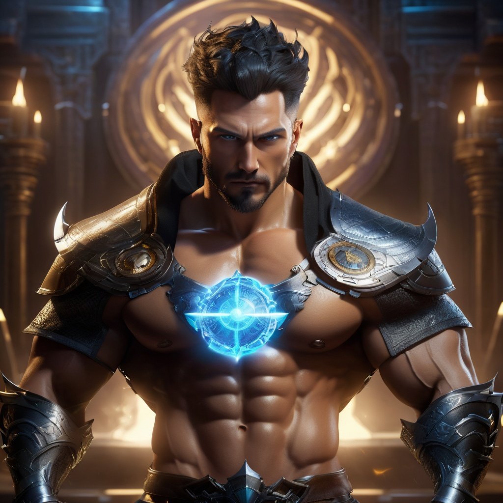 realistic, ((masterpiece)), ((best quality)), (detailed), cinematic, dynamic lighting, soft shadow, detailed background, professional photography, depth of field, intricate, detailed face, subsurface scattering, realistic hair, realistic eyes, muscular, manly, pectorals, abs, photo of a handsome man, cyberwizard, magic circle, casting spell, cyberpunk, science fiction, magic, full body, dynamic pose, fighting stance, magic circle in background,MenEro,banana,Muscular development, Upper body, Tough guy., Machine armour, Expose your belly button,Behind it is a magic array., Behind it is the dragon