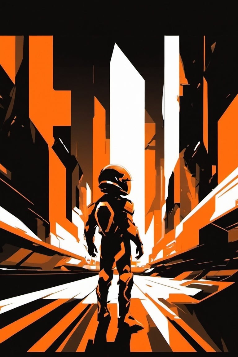 minimalism,simple black and orange background,Future City, science fiction, 1boy, helmet, 