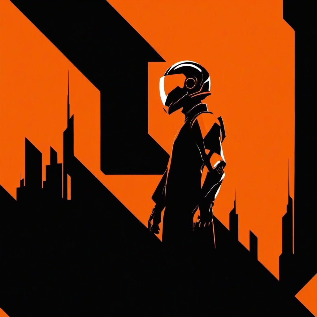 minimalism,simple black and orange background,Future City, science fiction, 1boy, helmet, 