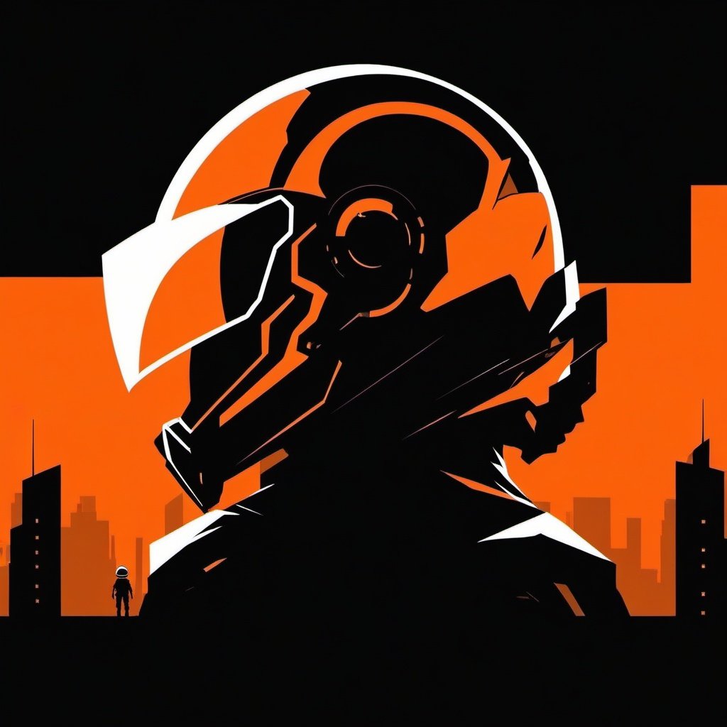 minimalism,simple black and orange background,Future City, science fiction, 1boy, helmet, 