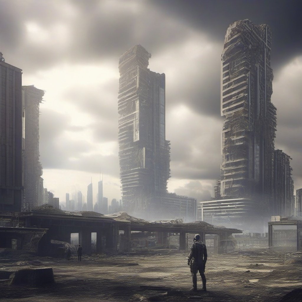 Future City, building, cloud, scenery, outdoors, sky, ruins, skyscraper, city, day, cloudy sky, standing, post-apocalypse