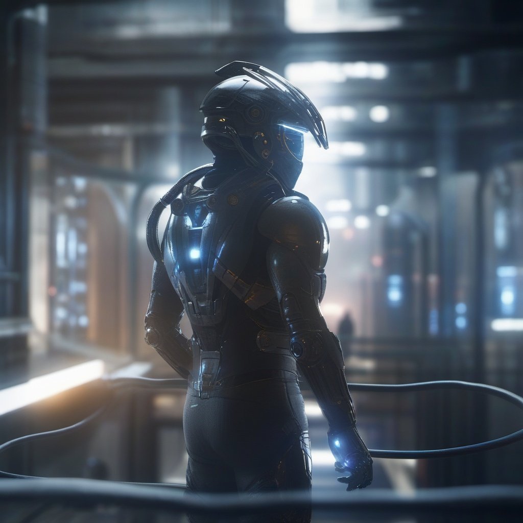 Future City, cable, solo, science fiction, 1boy, floating, wire, male focus, lens flare, robot, indoors, helmet, from behind