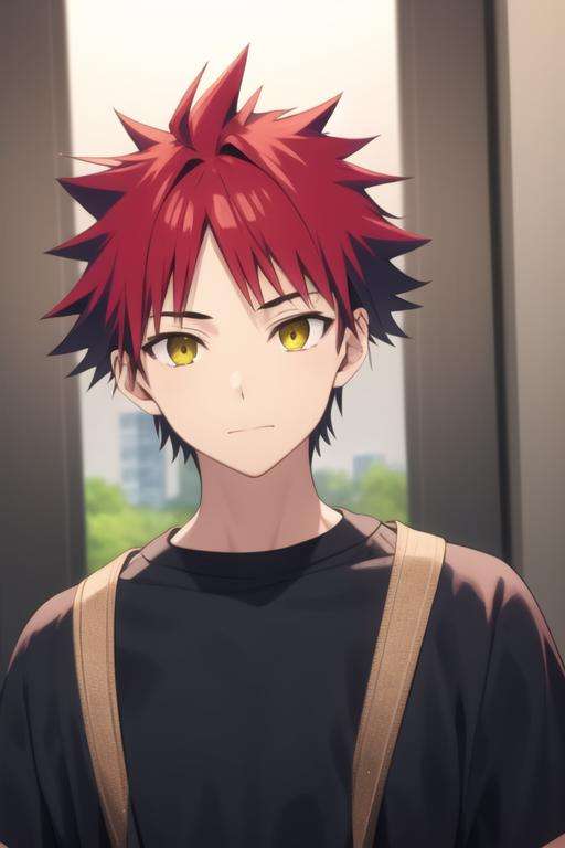 masterpiece, best quality, high quality, 1boy, solo, male focus, looking at viewer, upper body, <lora:yukihira_souma:0.70>, yukihira_souma, red_hair