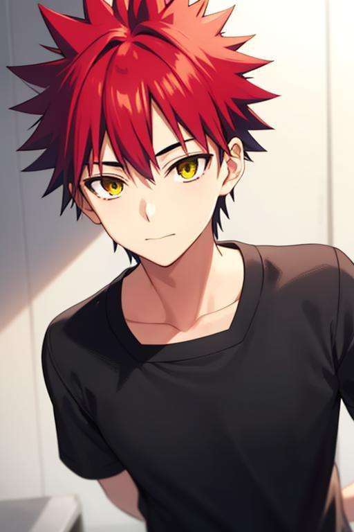 masterpiece, best quality, high quality, 1boy, solo, male focus, looking at viewer, upper body, <lora:yukihira_souma:0.70>, yukihira_souma, red_hair, spiked_hair, black shirt, white headband