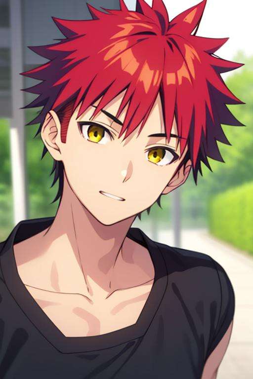 masterpiece, best quality, high quality, 1boy, solo, male focus, looking at viewer, upper body, <lora:yukihira_souma:0.70>, yukihira_souma, red_hair