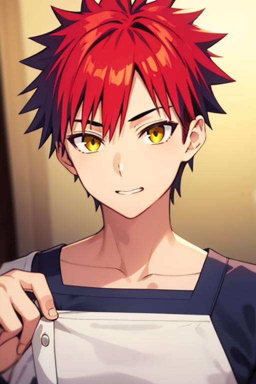 masterpiece, best quality, high quality, 1boy, solo, male focus, looking at viewer, upper body, <lora:yukihira_souma:0.70>, yukihira_souma, red_hair, headband, salt_bae_\(meme)\