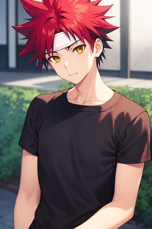 masterpiece, best quality, high quality, 1boy, solo, male focus, looking at viewer, upper body, <lora:yukihira_souma:0.70>, yukihira_souma, red_hair, spiked_hair, black shirt, white headband