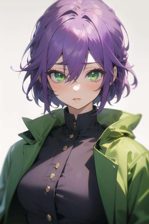 masterpiece, best quality, high quality, 1girl, solo, looking at viewer, upper body, <lora:hiro_segawa:0.52>, hiro_segawa, purple hair, green eyes, hair between eyes, , , coat