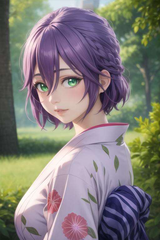 masterpiece, best quality, high quality, 1girl, solo, looking at viewer, upper body, <lora:hiro_segawa:0.68>, hiro_segawa, purple hair, green eyes, hair between eyes, realistic, yukata