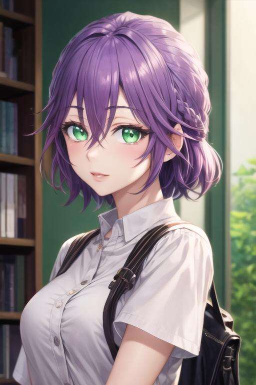 masterpiece, best quality, high quality, 1girl, solo, looking at viewer, upper body, <lora:hiro_segawa:0.70>, hiro_segawa, purple hair, green eyes, hair between eyes, , gakuran