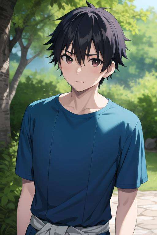 masterpiece, best quality, high quality, <lora:yotsuya_yuusuke:0.70>, yotsuya_yuusuke, 1boy, solo, male focus, upper body, looking at viewer, anime_coloring, official_style, parody, blue_shirt