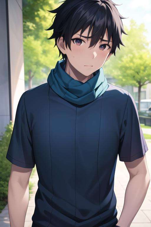 masterpiece, best quality, high quality, <lora:yotsuya_yuusuke:0.70>, yotsuya_yuusuke, 1boy, solo, male focus, upper body, looking at viewer, blue_shirt, scarf, outdoors