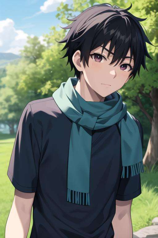 masterpiece, best quality, high quality, <lora:yotsuya_yuusuke:0.70>, yotsuya_yuusuke, 1boy, solo, male focus, upper body, looking at viewer, blue_shirt, scarf, outdoors