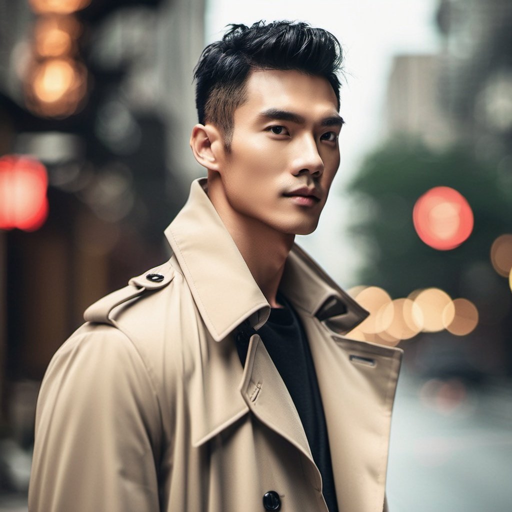 Oouguancong, Men, On the street, Handsome, Oouguancong, Men, On the street, Handsome, (Long trench coat: 1.2), Evening, Tyndall effect, Retro, Looking at you, Muscle, Upper body, Leaning against a street lamp, High skin texture, (Long hair: 1.2),Upper body close-up,Exquisite features, A small nose