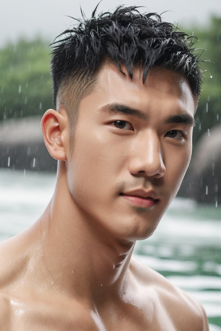 Oouguancong,  Masculine boy,  Handsome,  Rainy days in the morning,  Wear panties,  (Light upper body: 1.2),  Swim out of the water,  Handsome facial features,  A small nose,  black hair.,  Muscle man,  Upper body close-up, <lora:EMS-16140-EMS:0.700000>