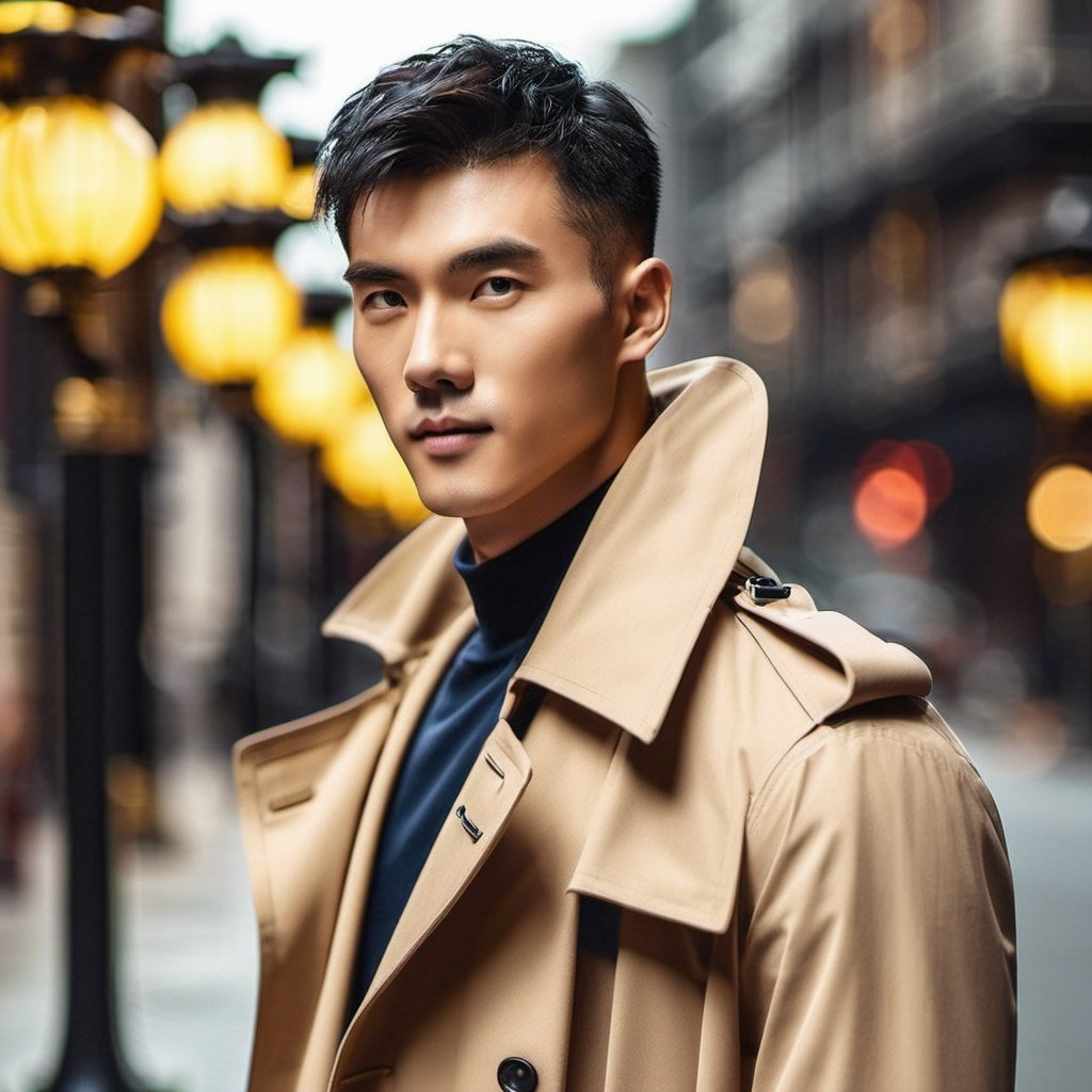 Oouguancong, Men, On the street, Handsome, Oouguancong, Men, On the street, Handsome, (Long trench coat: 1.2), Evening, Tyndall effect, Retro, Looking at you, Muscle, Upper body, Leaning against a street lamp, High skin texture, (Long hair: 1.2),Upper body close-up,Exquisite features, A small nose