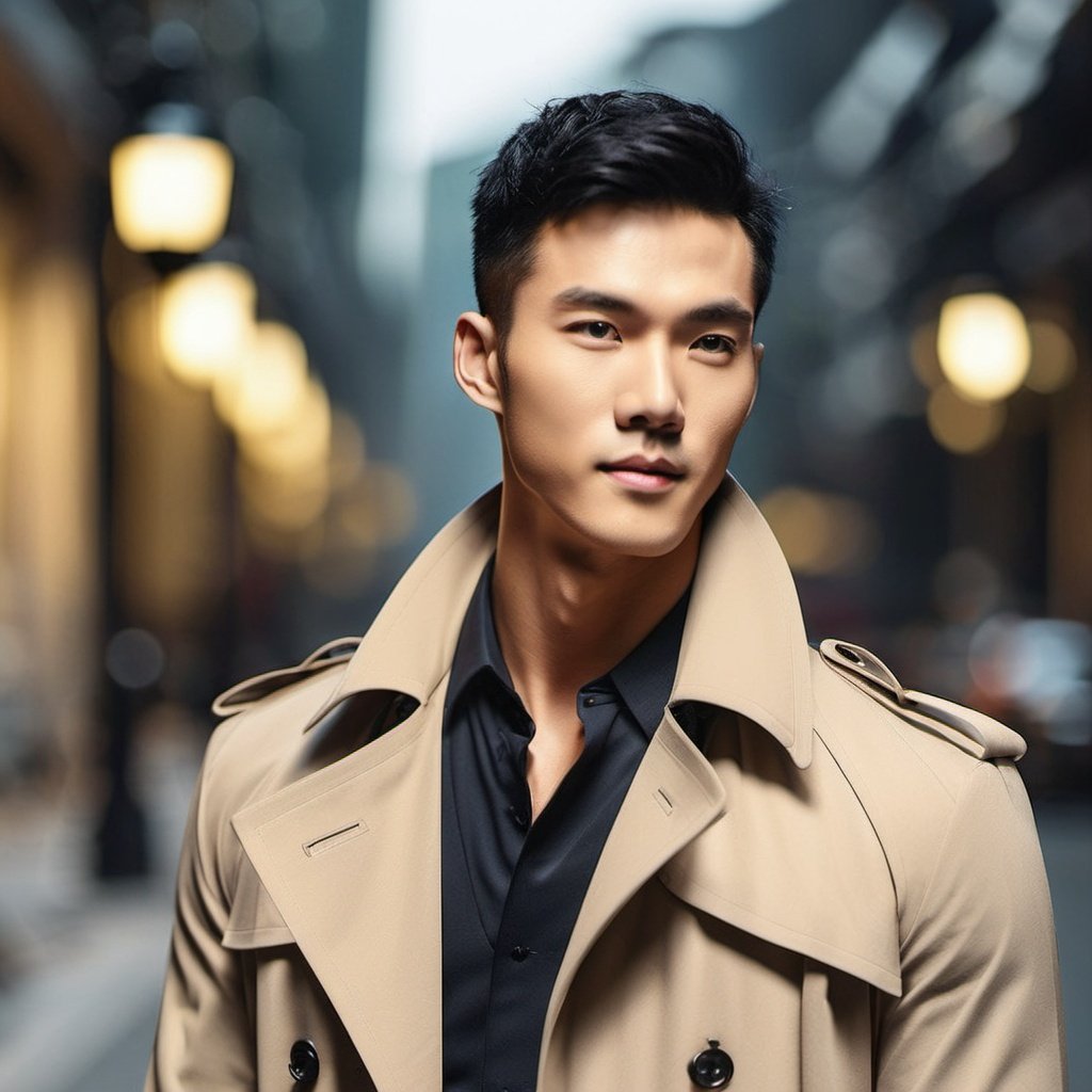 Oouguancong, Men, On the street, Handsome, Oouguancong, Men, On the street, Handsome, (Long trench coat: 1.2), Evening, Tyndall effect, Retro, Looking at you, Muscle, Upper body, Leaning against a street lamp, High skin texture, (Long hair: 1.2),Upper body close-up,Exquisite features, A small nose